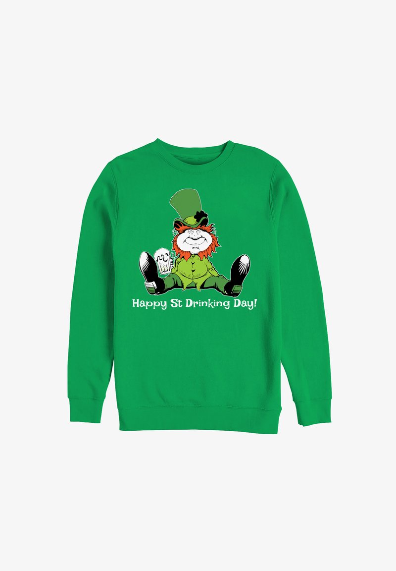 Sudadera verde con un leprechaun de dibujos animados, con barba naranja, usando un sombrero verde y sosteniendo una cerveza, con el texto "¡Feliz Día de Beber de San Patricio!".