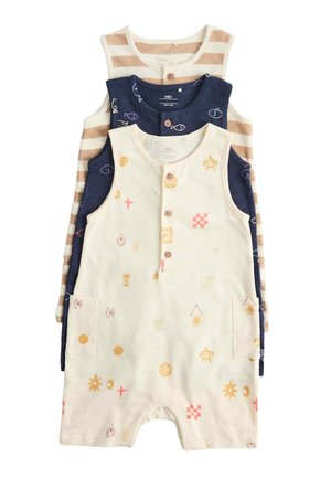 Tre ærmeløse babyheldragter stablet, med beige med orange print, marineblå med fiskemønstre og creme med brune striber.