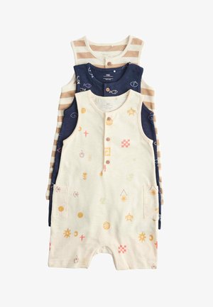 Tre ærmeløse babyheldragter stablet, med beige med orange print, marineblå med fiskemønstre og creme med brune striber.
