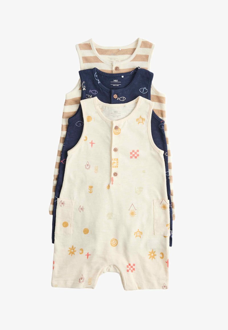 Three sleeveless baby rompers stacked, featuring beige with orange prints, navy blue with fish patterns, and cream with brown stripes.
