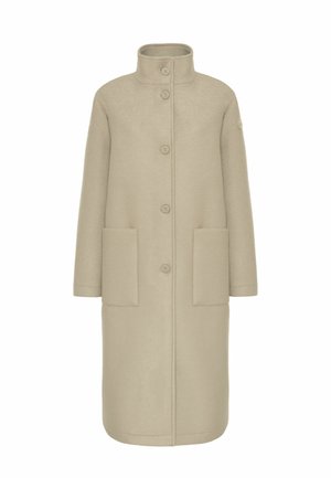 Beige Wollmantel mit hohem Kragen, vorderen Knöpfen und zwei großen aufgesetzten Taschen. Besitzt eine gerade Silhouette und einen strukturierten Stoff.