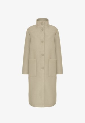 Bežna volnena plašča z visokim ovratnikom, sprednjimi gumbi in dvema velikima žeparenima žepoma. Ima ravno silhueto in teksturirano tkanino.