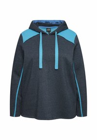 Felpa con cappuccio grigio scuro con dettagli blu, pannelli sulle spalle testurizzati e lacci sul davanti. Presenta maniche lunghe e un design a vestibilità rilassata.