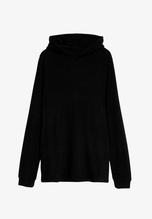 Felpa nera realizzata in tessuto morbido, con tasca frontale, maniche lunghe e cappuccio con stringa. Design minimalista senza motivi visibili.