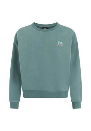 Groene crewneck trui met lange mouwen en een klein berglogo met de tekst "PROTEST" op de borst.