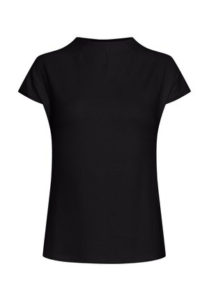 Blusa negra de manga corta con cuello redondo y un sutil detalle de pliegue en el centro de la parte posterior.