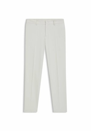 Lichtbeige broek gemaakt van een gladde stof, met een standaard tailleband met riemlussen, rechte pijpen en subtiele voorplooien.