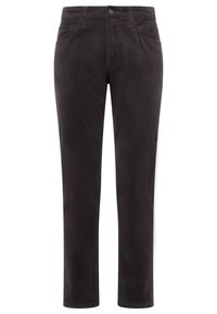 Jean noir à coupe droite avec fermeture devant par bouton et zip, deux poches avant et passants pour ceinture.
