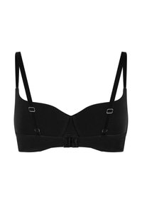 Schwarzer BH mit glatter Stoffoberfläche, verstellbaren Trägern und einem Haken- und Ösenverschluss auf der Rückseite. Einfaches, strukturiertes Design.