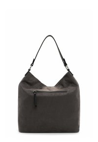 Graue Hobo-Tasche aus strukturiertem Stoff, mit einem einzelnen schwarzen Ledertrageriemen und einer Reißverschluss-Fronttasche. Weiches, lässiges Design.
