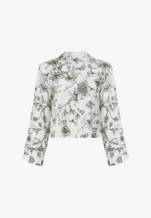 Witte cropped button-up shirt met zwart gedetailleerde bloemen- en vlinderprint, met lange mouwen en een notch kraag.
