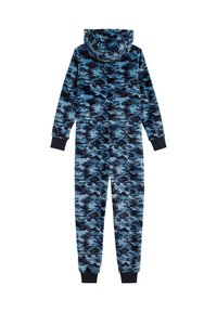 Zils kamuflāžas kombinezons ar kapuci, kuram ir tumši un gaiši zila raksta sajaukums. Ietver melnus aproces pie plaukstām un potītēm. Mīksta auduma tekstūra.