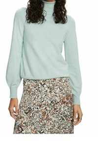 Femme portant un pull à col roulé bleu clair associé à une jupe à motif floral blanc, noir et marron.