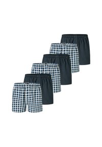 Caleçons dans un pack de cinq. Présentent un motif vichy bleu marine et blanc ainsi qu'un tissu bleu marine uni. Taille élastique. Matière en coton doux.