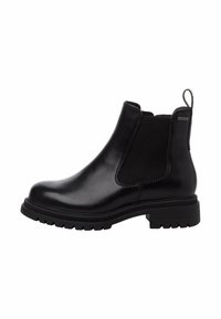 Black leather Chelsea boot with elastic side panels, rounded toe, and a sturdy rubber sole. Features a pull tab at the heel for ease of wear.