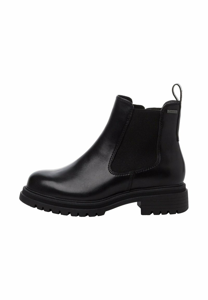 Black leather Chelsea boot with elastic side panels, rounded toe, and a sturdy rubber sole. Features a pull tab at the heel for ease of wear.