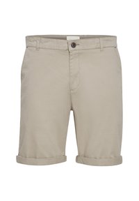 Pantalones cortos de algodón beige con un frente plano, puños doblados y un cierre de un solo botón. Diseño clásico con detalles de costura sutiles.