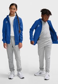 Zwei Kinder tragen sportliche Outfits: einen blauen Reißverschluss-Hoodie, graue Sweatpants und weiße Turnschuhe. Auffälliges Logo auf dem Hoodie und den Pants.
