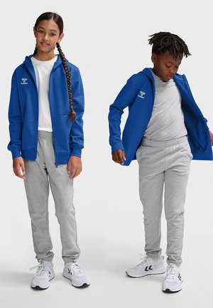 Twee kinderen dragen sportoutfits: een blauwe rits-hoodie, grijze joggingbroek en witte sneakers. Opvallend logo op de hoodie en de broek.