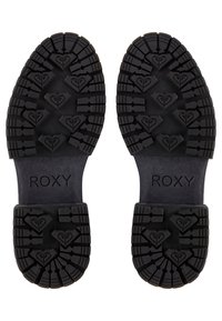 Semelles extérieures en caoutchouc noir avec des motifs de semelle texturés en forme de cœurs et le mot "ROXY" en relief au centre.