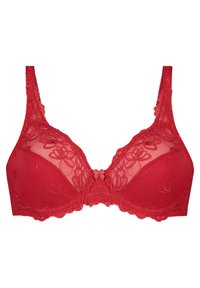 Rode kanten beha met bloemendessin, doorzichtige delen en een decoratieve strik in het midden. Verstelbare bandjes en ondersteuning met beugels.