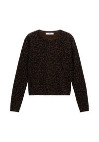 Sudadera de estampado de leopardo marrón con mangas largas, cuello redondo y un dobladillo corto, confeccionada en una tela suave para mayor comodidad.