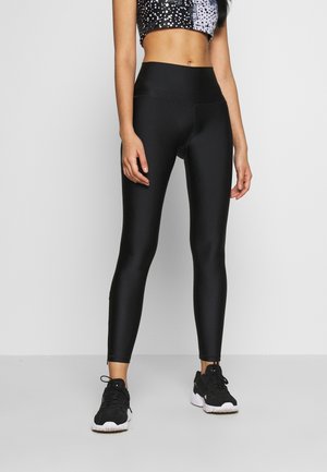 Black high-waisted leggings made of smooth, stretchy fabric, featuring a fitted design, with a subtle sheen and no visible patterns or accents.