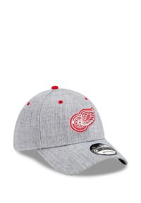 Gray textured baseball cap with a curved brim, featuring a red embroidered logo on the front and a red button on top.