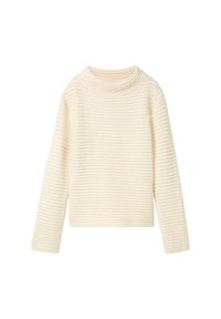 Haut crème à manches longues avec un col haut, présentant un motif côtelé texturé et une silhouette ample. Matériau doux, accents minimalistes.