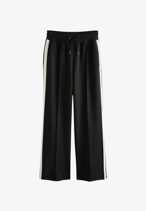 Sorte storslåede sweatpants med snøre i taljen, der har hvide sidelister og en blød, glat tekstur. Velegnede til afslappet brug.