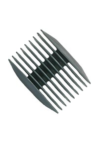 Black plastic grooming comb with eight long prongs on each side, featuring a ridged design for better grip and styling.