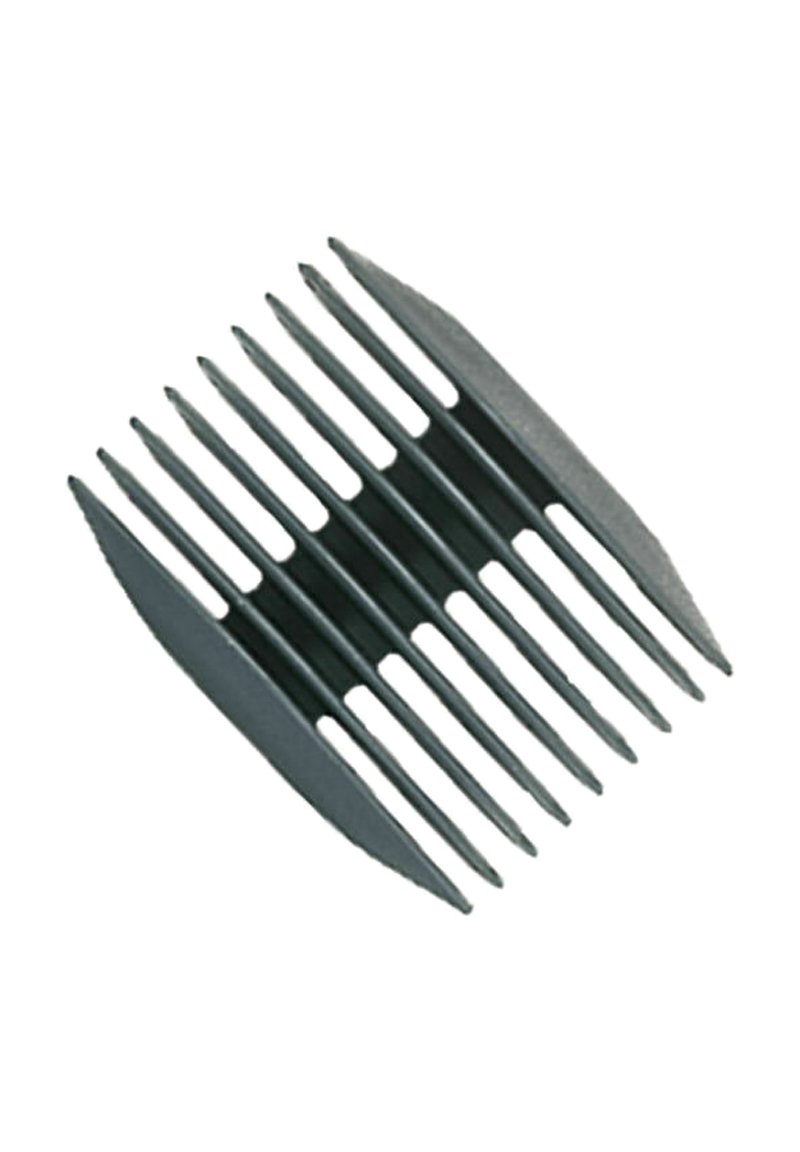 Black plastic grooming comb with eight long prongs on each side, featuring a ridged design for better grip and styling.