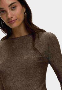 Braunes Langarmoberteil aus einem strukturierten, schimmernden Stoff mit einem runden Ausschnitt und einer figurnahen Silhouette, das über einen subtilen Glanz und eine glatte Oberfläche verfügt.