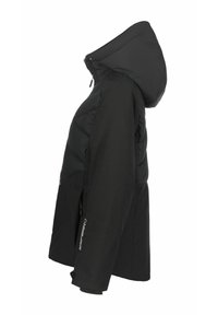 Czarna kurtka puchowa z kapturem, o pikowanej konstrukcji, dopasowanym kroju i bocznych kieszeniach. Wykonana z ocieplanego, wodoodpornego materiału.