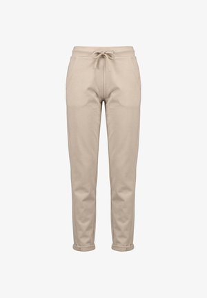 Beige Freizeithose mit elastischem Bund, Fronttaschen, Kordelzug, schmal zulaufenden Beinen und hochgekrempelten Bündchen.