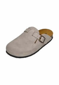 Beige suede clog with a rounded toe, adjustable buckle strap, and black rubber sole, featuring smooth texture and simple design.