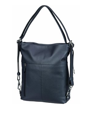 Black pebbled leather handbag with a zippered front pocket, two straps, and silver metal hardware.