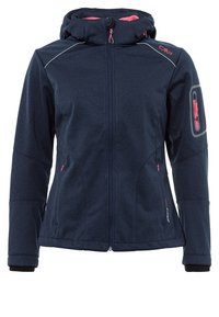 Chaqueta azul marino con capucha, cremallera frontal, detalles en color rosa y un bolsillo en el brazo. Presenta una textura suave y un diseño ajustado.