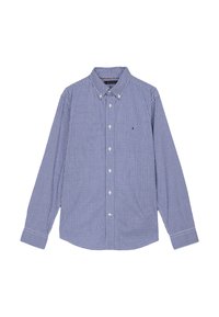 Camisa de manga larga a cuadros en azul y blanco, con cuello clásico, que presenta un pequeño logo en el pecho y puños abotonados.