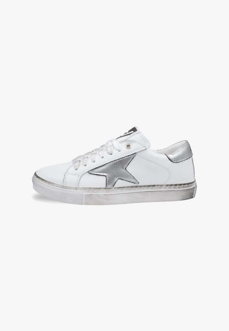 White leather sneaker with silver star accent, round toe, textured white sole, and white laces. Features metallic detailing on tongue and heel.