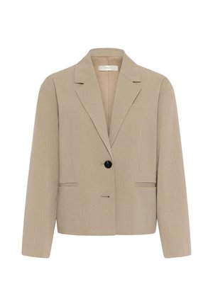 Bēšas krāsas sieviešu žakete ar vienu melnu pogu, ielaiduma atloku, garām piedurknēm un divām priekšējām šķēlumu kabatām, īss piegrieziens.