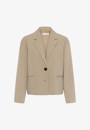 Beiger Damenblazer mit einreihiger schwarzer Knopfleiste, Reverskragen mit Kerbe, langen Ärmeln und zwei vorderen Schlitztaschen, kürzer geschnittene Passform.