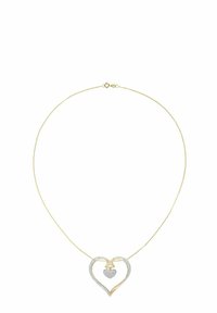 Collana color oro con ciondolo a forma di cuore decorato con piccole pietre scintillanti e un cuore più piccolo all'interno. Lunghezza della catena regolabile.