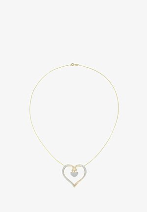 Collana color oro con ciondolo a forma di cuore decorato con piccole pietre scintillanti e un cuore più piccolo all'interno. Lunghezza della catena regolabile.
