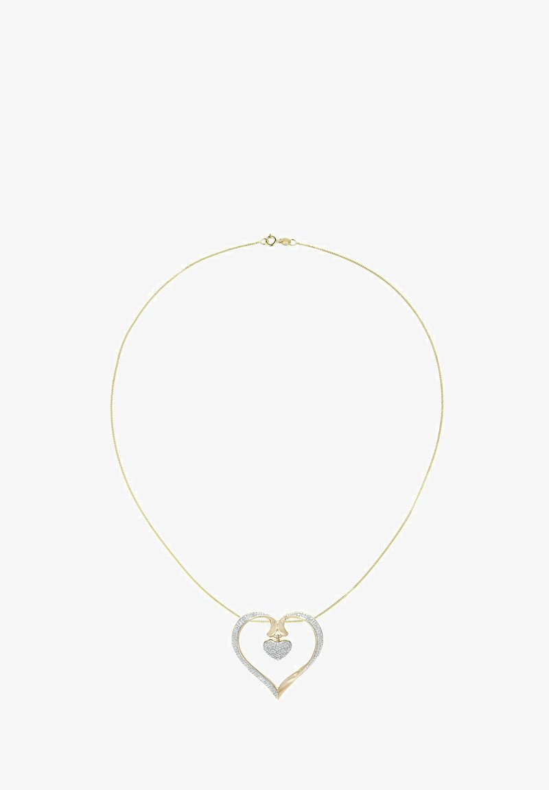 Collana color oro con ciondolo a forma di cuore decorato con piccole pietre scintillanti e un cuore più piccolo all'interno. Lunghezza della catena regolabile.