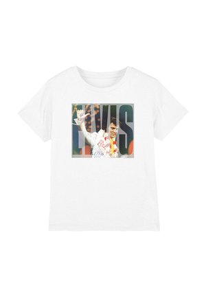 Weißes T-Shirt mit einer Grafik eines Mannes in einem Paillettenoutfit, der winkt, mit großen Buchstaben "ELVIS" über dem Bild.