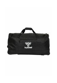 Sort duffel bag med en lynlåsåbning, to håndtag og en forlommer. Har et hvidt "hummel" logo og en struktureret stofoverflade.