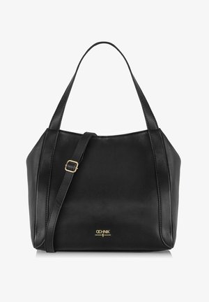 Sac à main en cuir noir avec deux sangles d'épaule et une sangle bandoulière ajustable, avec logo de marque doré sur le devant.