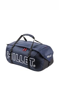 Sac de sport navy avec des accents gris, comportant un grand logo, des tirettes de fermeture éclair rouges doubles et des sangles noires robustes pour un transport facile.