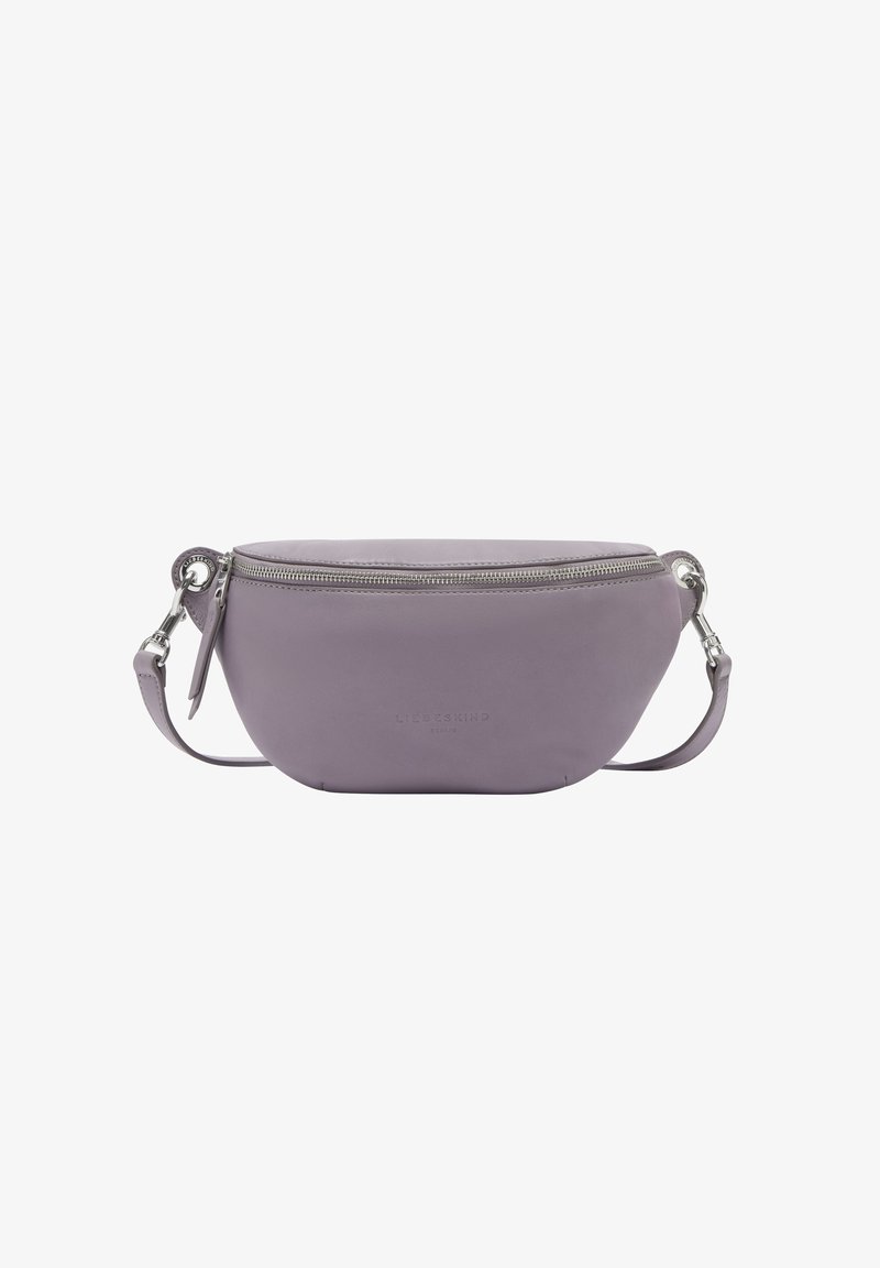 Purple leather crossbody bag with silver hardware, zip closure, and an adjustable strap. Features embossed logo and smooth texture.